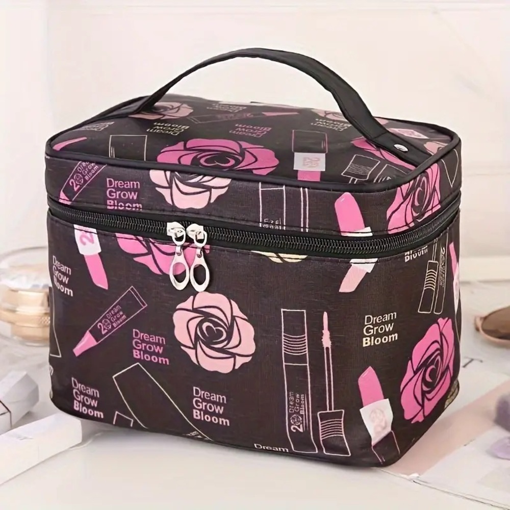 New Pink Flowers with Lipstick Large Capacity Makeup Bag